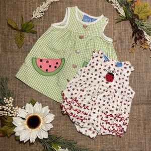 Baby Crew Cotton Watermelon Dress and Ladybug Romper Mixed Set